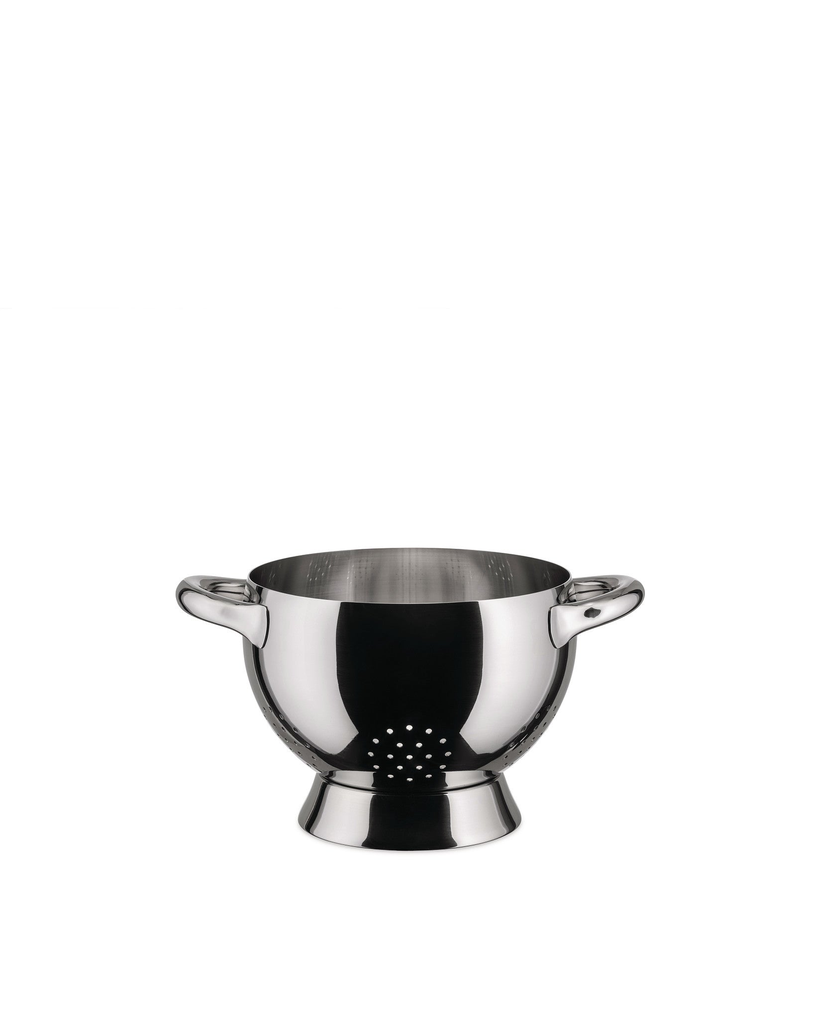 Silver metallic colander by Alessi with two curved handles, a pedestal base, and perforated drainage holes.