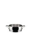 Silver polished stainless steel pot by Alessi, featuring two small loop handles and a wide, shallow design.