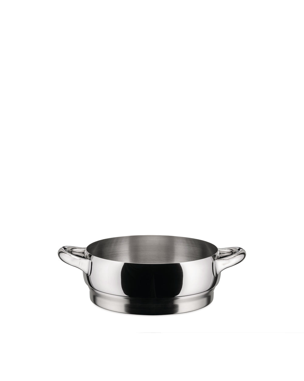 Silver polished stainless steel pot by Alessi, featuring two small loop handles and a wide, shallow design.