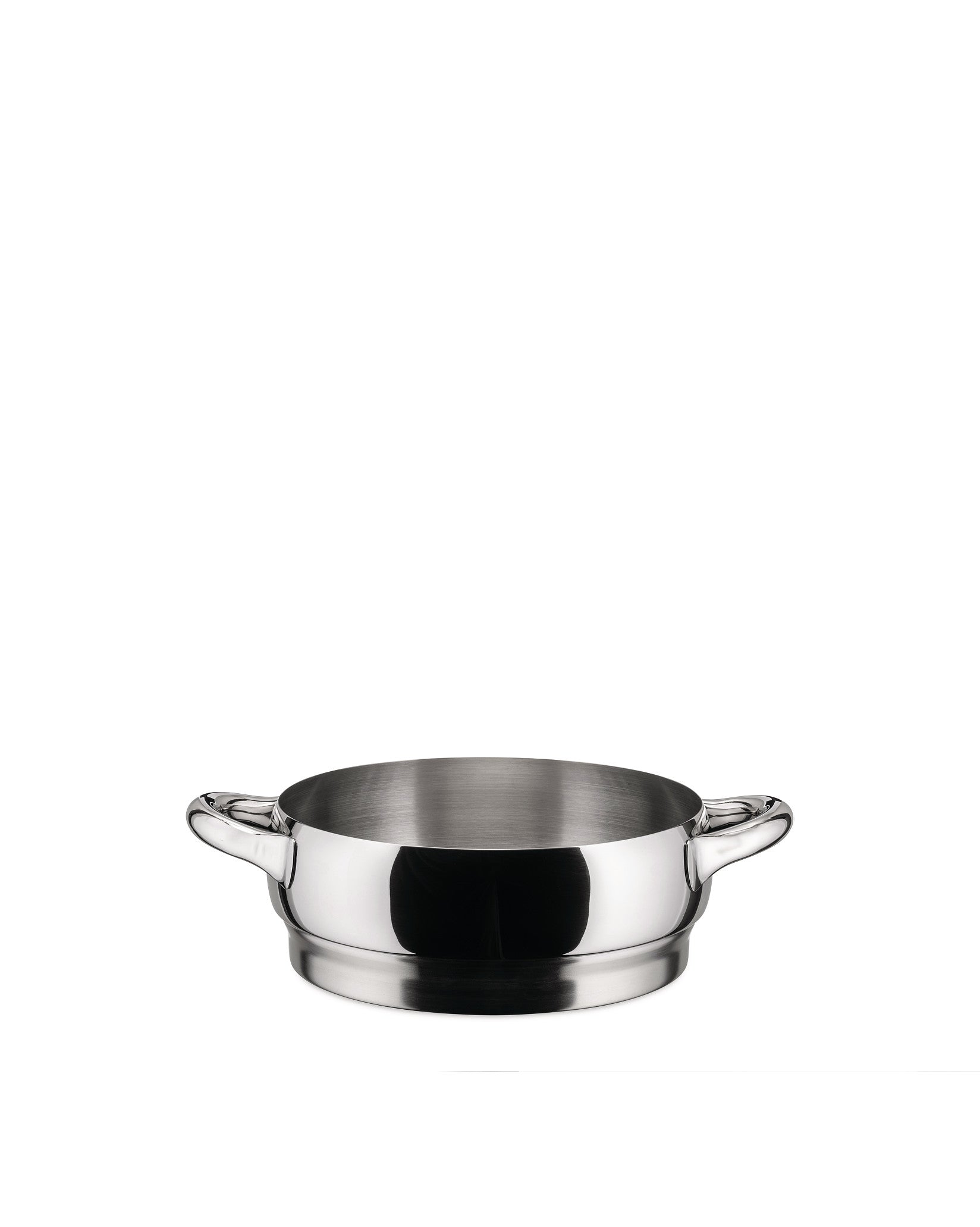 Silver polished stainless steel pot by Alessi, featuring two small loop handles and a wide, shallow design.