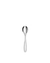 Silver metal spoon by Alessi with a sleek, reflective finish on a white background.