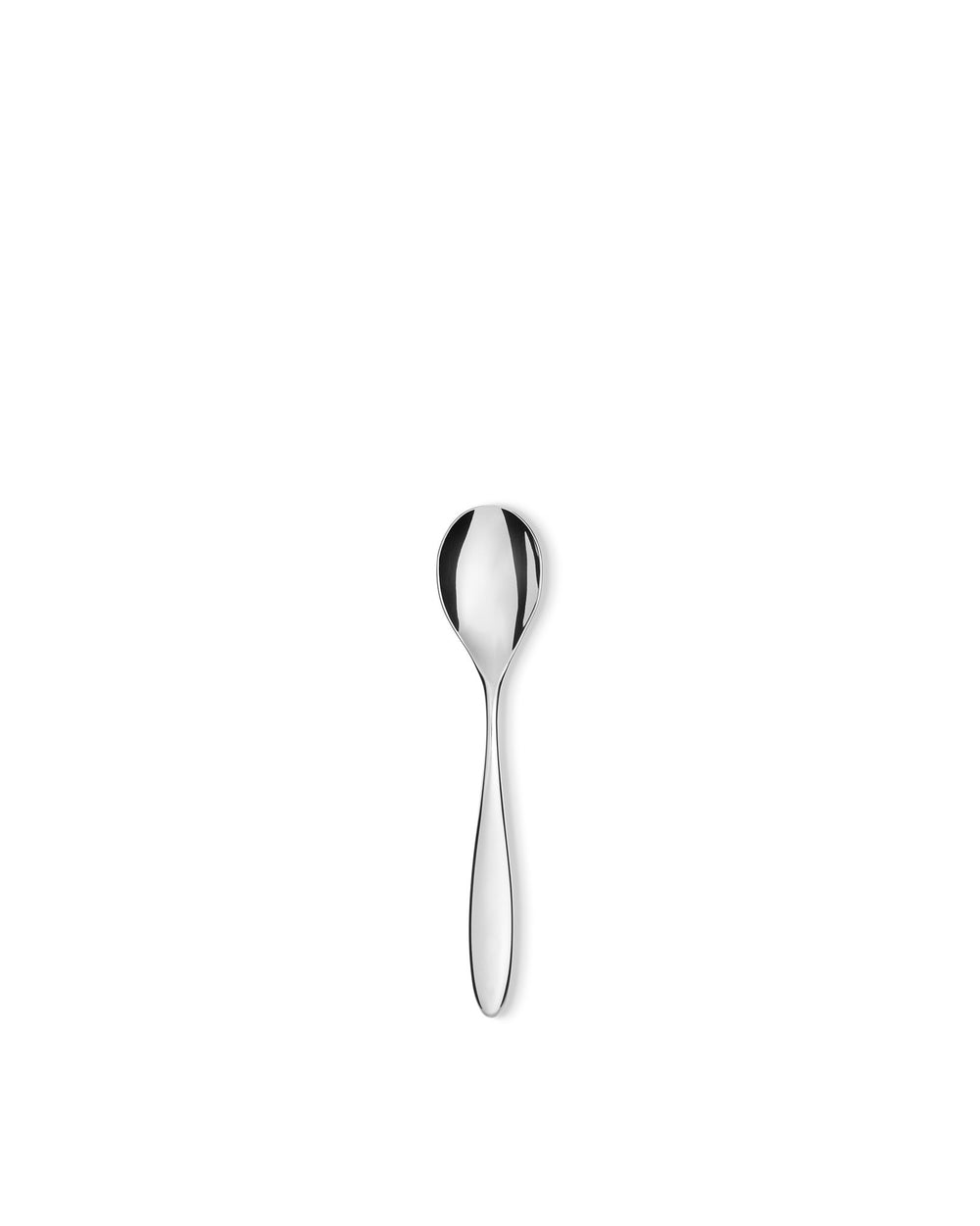 Silver metal spoon by Alessi with a sleek, reflective finish on a white background.