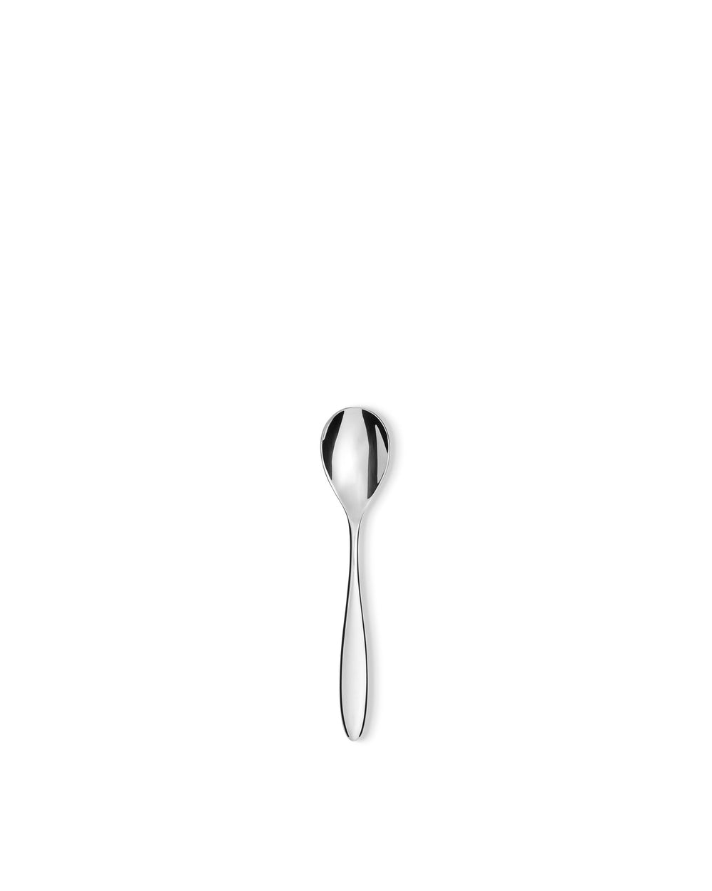 Small, silver-toned metal spoon by Alessi, with a glossy finish and slender handle, positioned centrally.