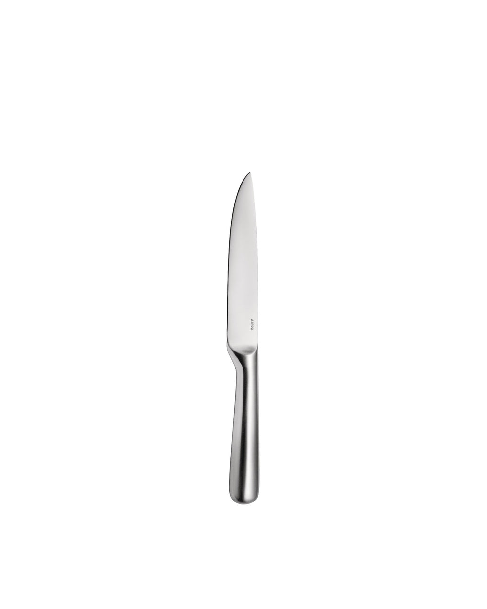 Silver-toned metal knife by Alessi, with a sleek blade and rounded handle, "ALESSI" engraved on the blade.