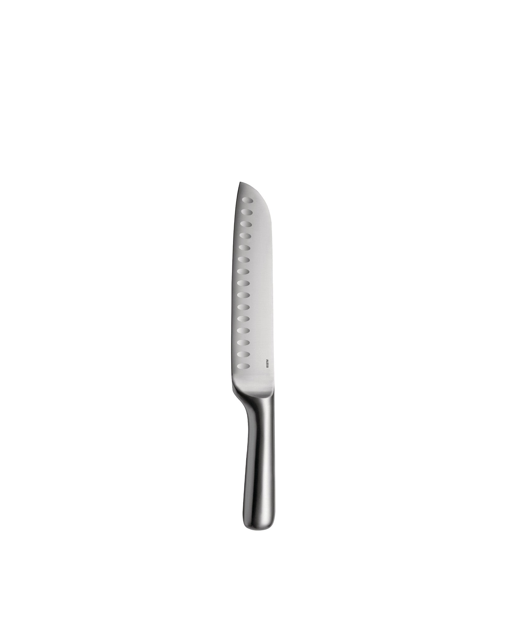 Upright silver stainless steel kitchen knife by Alessi, with a dimpled blade and 'Alessi' engraved.