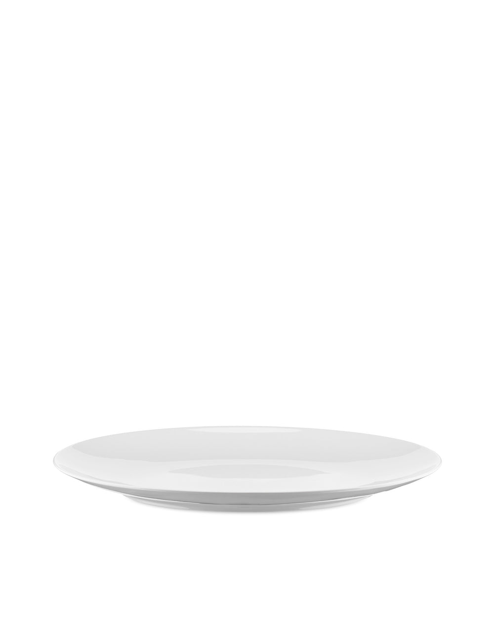 White round plate by Alessi with a smooth surface and subtly curved rim, shown from a low angle.