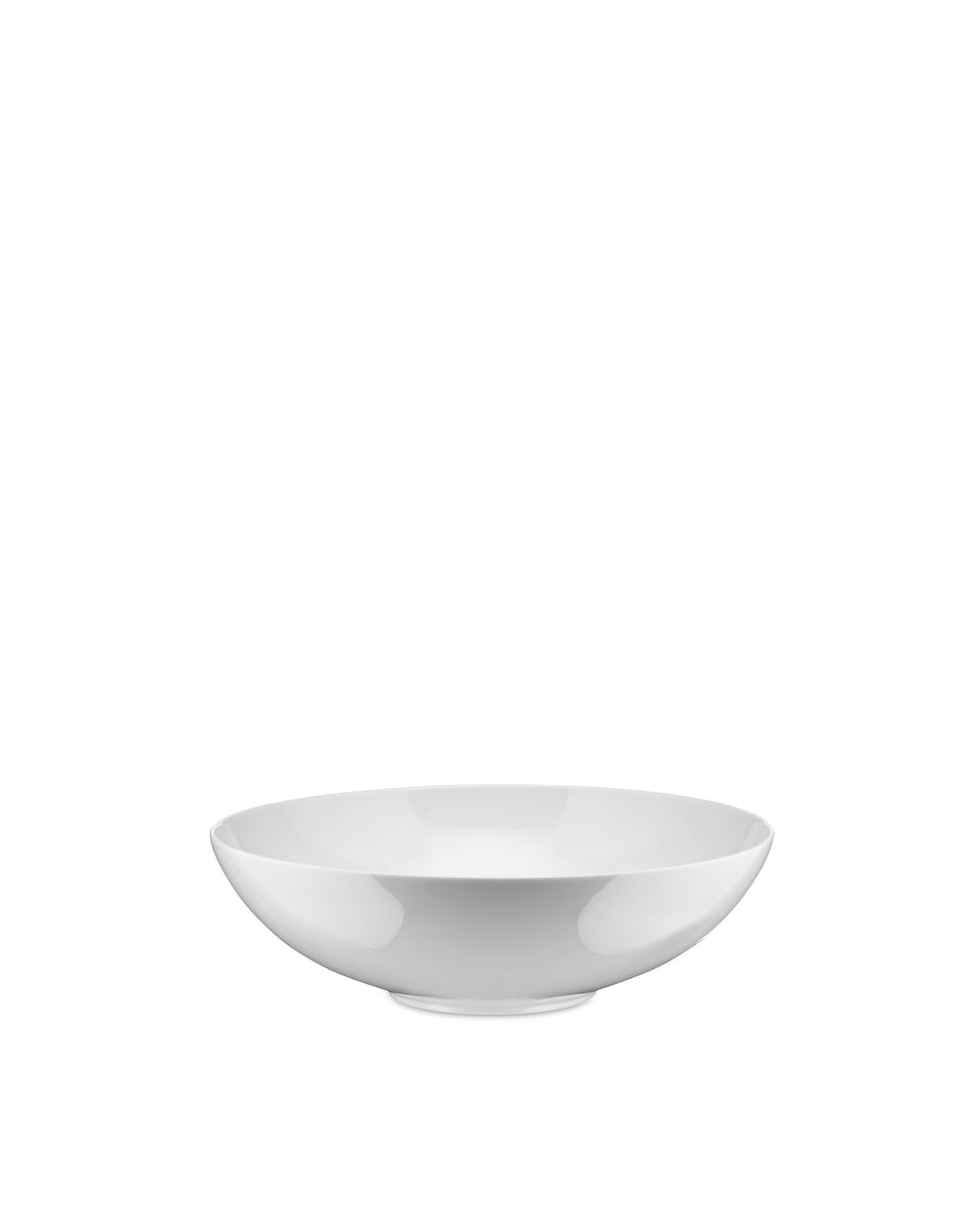 White Mami serving bowl by Alessi, shallow with a wide rim and smooth finish, side view.