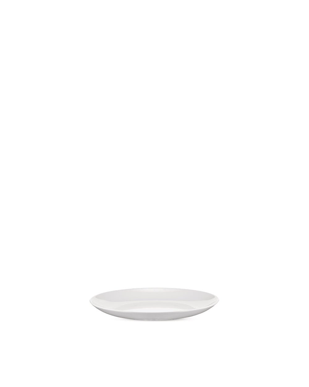 Mami white round plate by Alessi, a shallow dish seen from the side.
