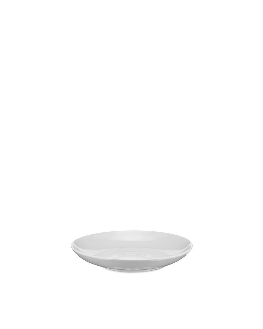 White ceramic saucer by Alessi, simple and elegant, viewed slightly from the front.
