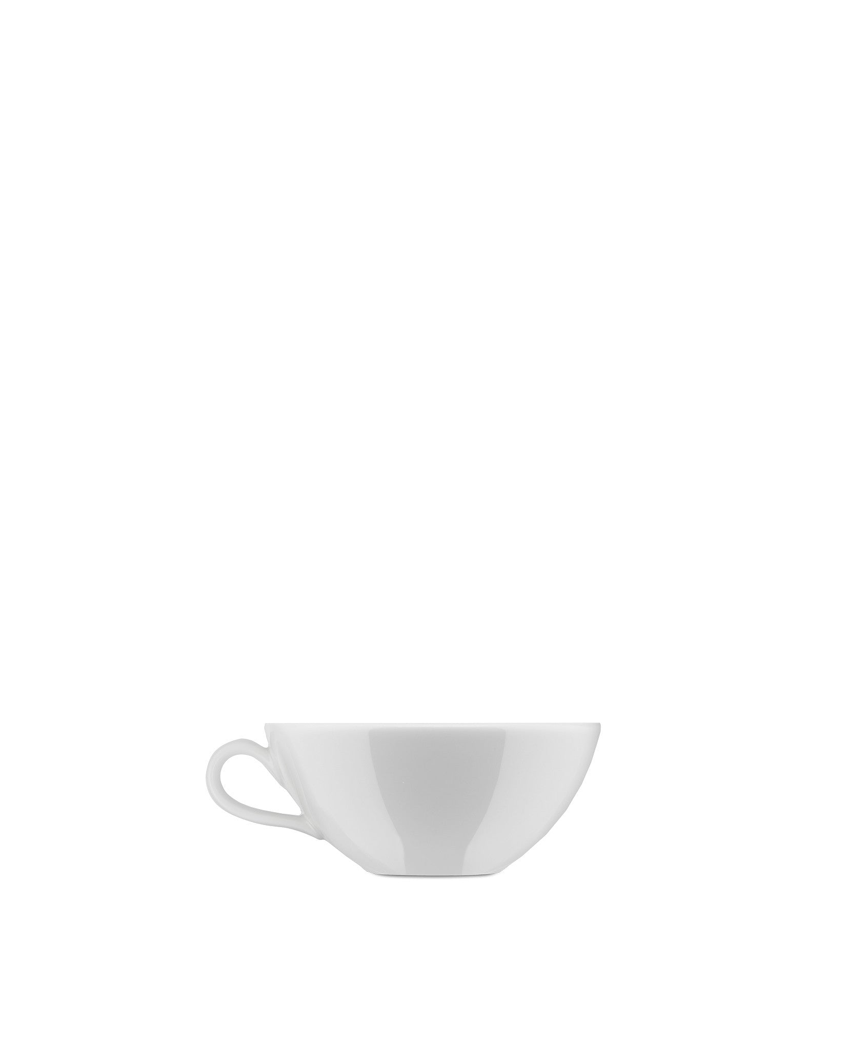White ceramic cup by Alessi, featuring a wide, shallow design with a small handle, presented in a side view.