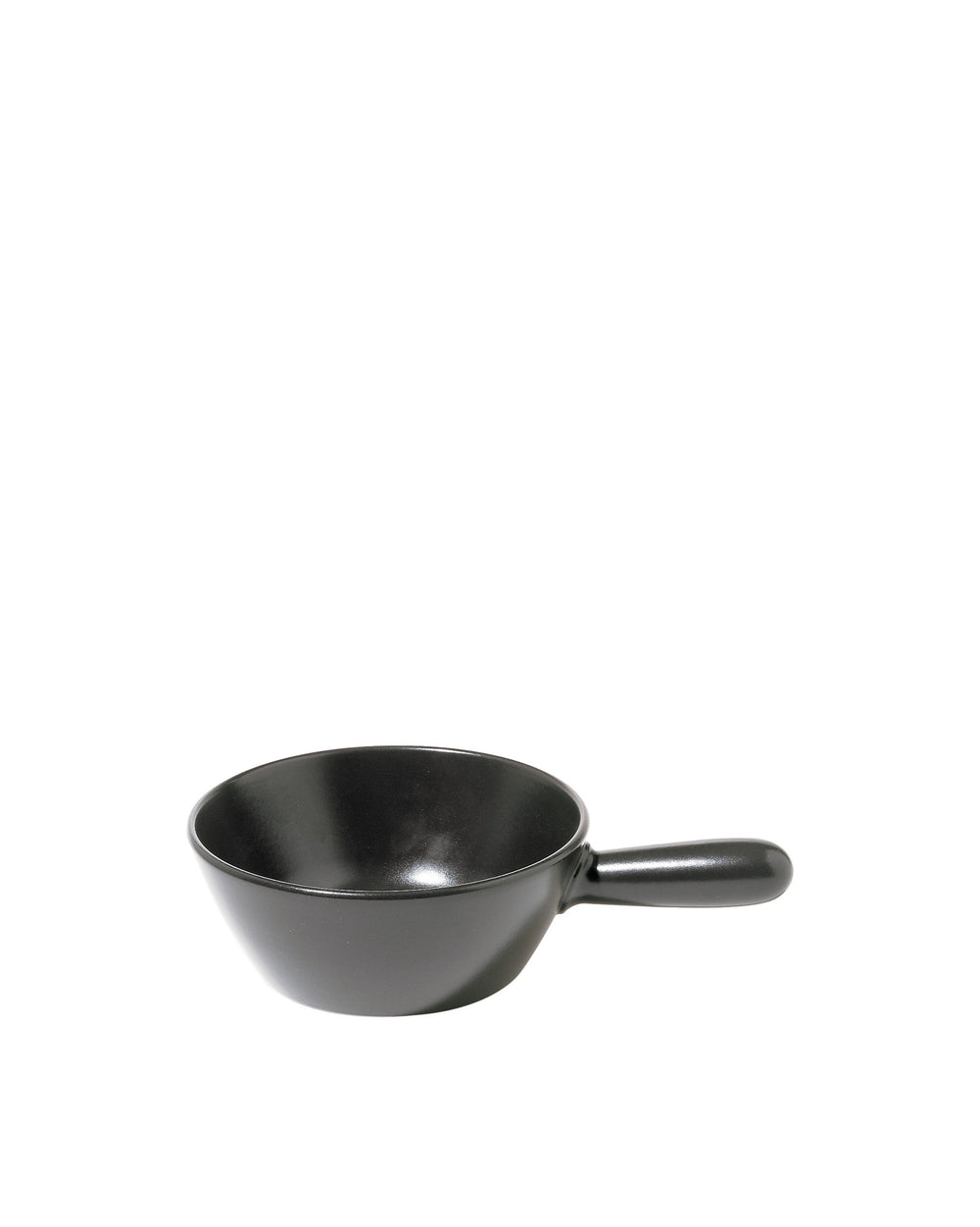 Small black serving pan by Alessi with a single handle and smooth finish, on a white background.