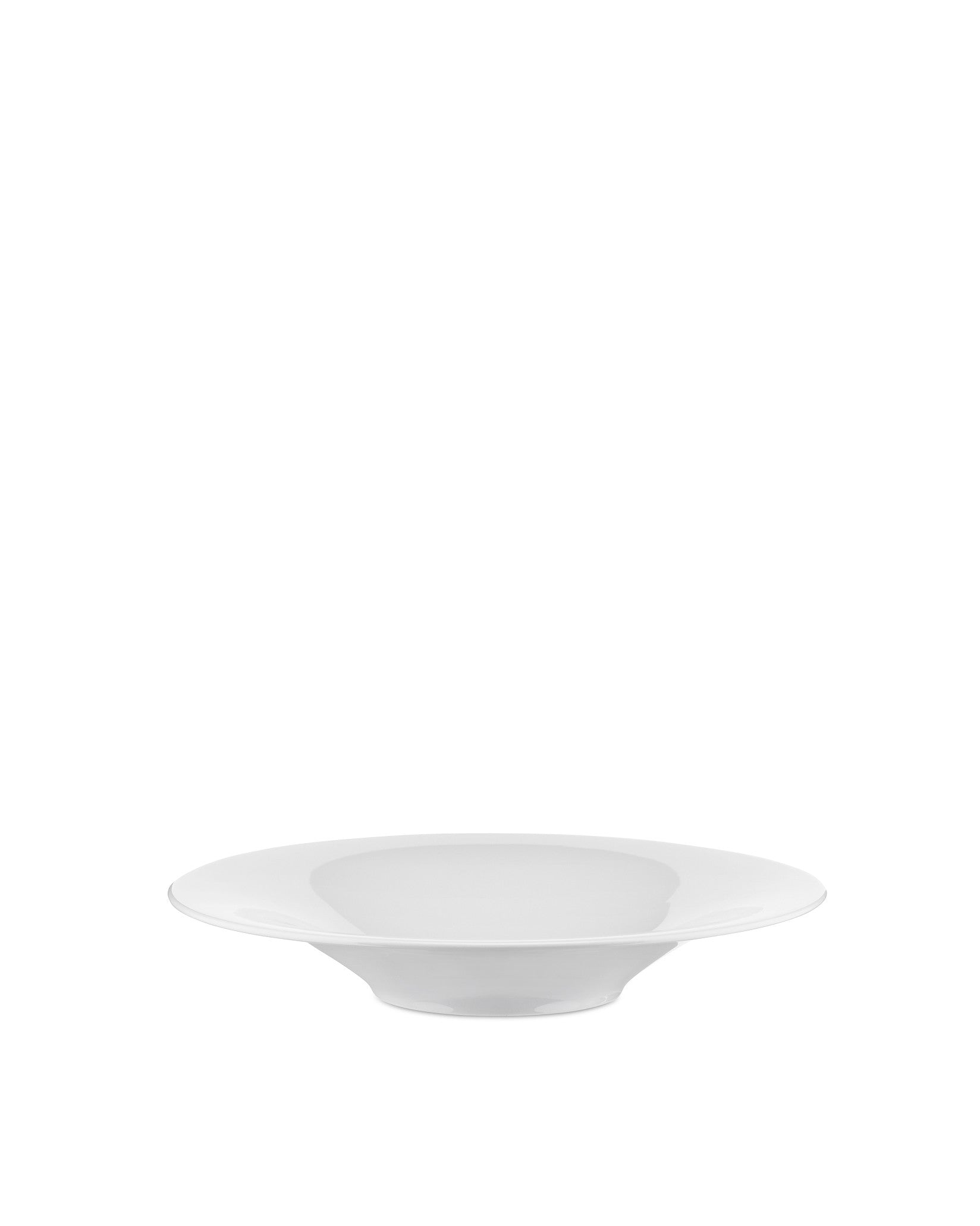 White shallow serving bowl by Alessi, featuring a wide rim and minimalist design, from a frontal view.