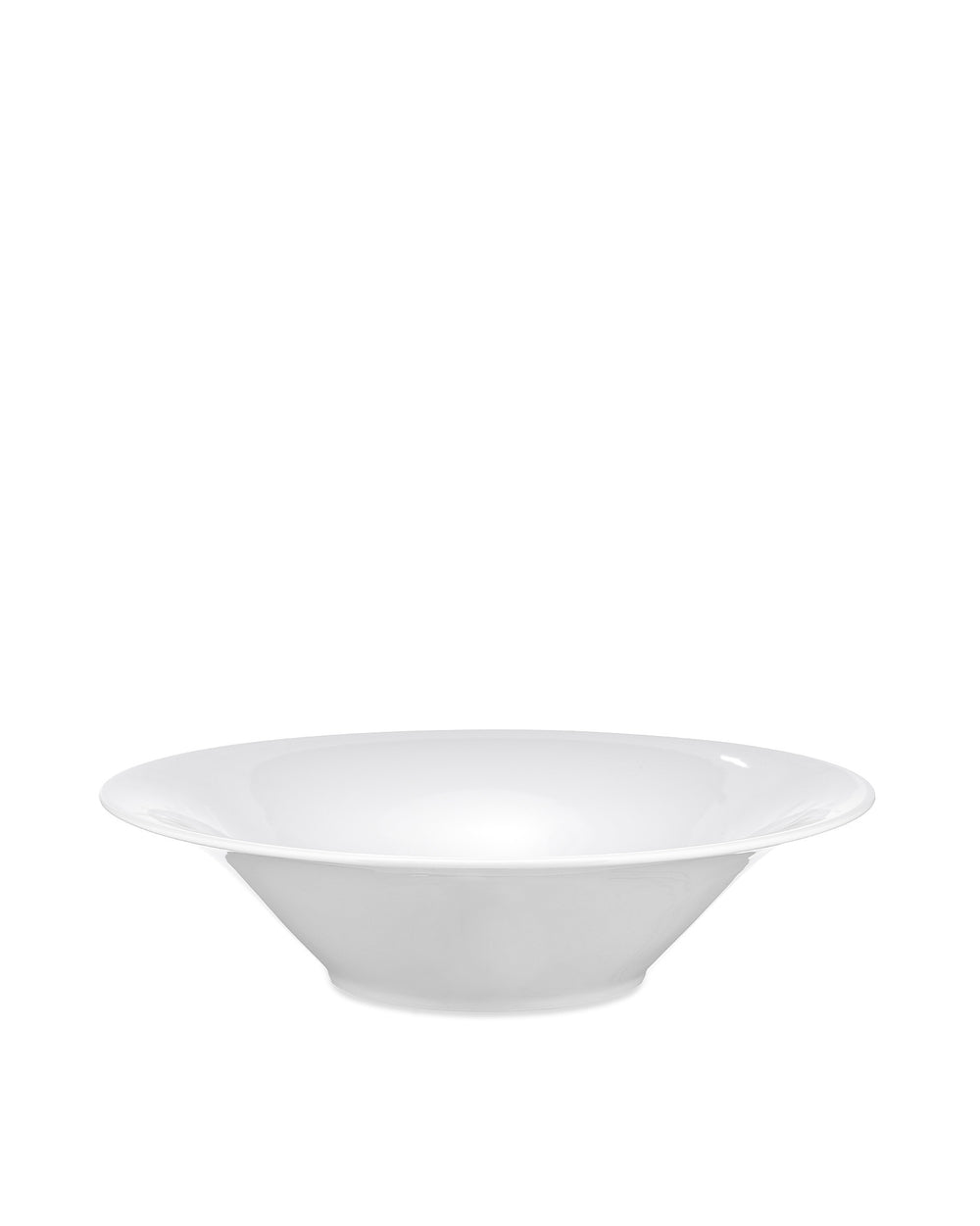 White shallow bowl by Alessi with a wide rim, presented in a side view.