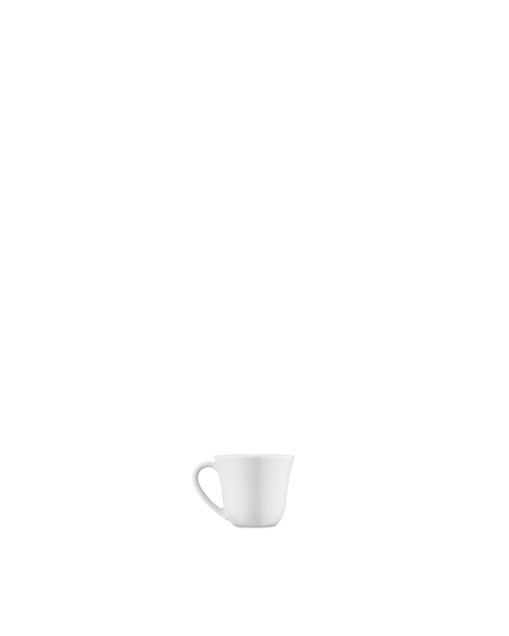 Small white cup by Alessi with a simple, curved handle.