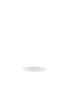 White, round plate by Alessi, with a shallow center and wide flat rim, seen from a slight angle.