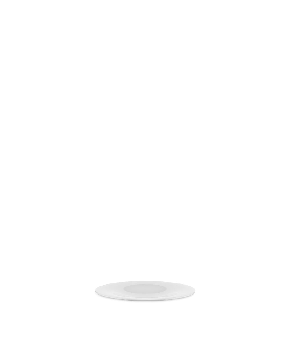 White, round plate by Alessi, with a shallow center and wide flat rim, seen from a slight angle.