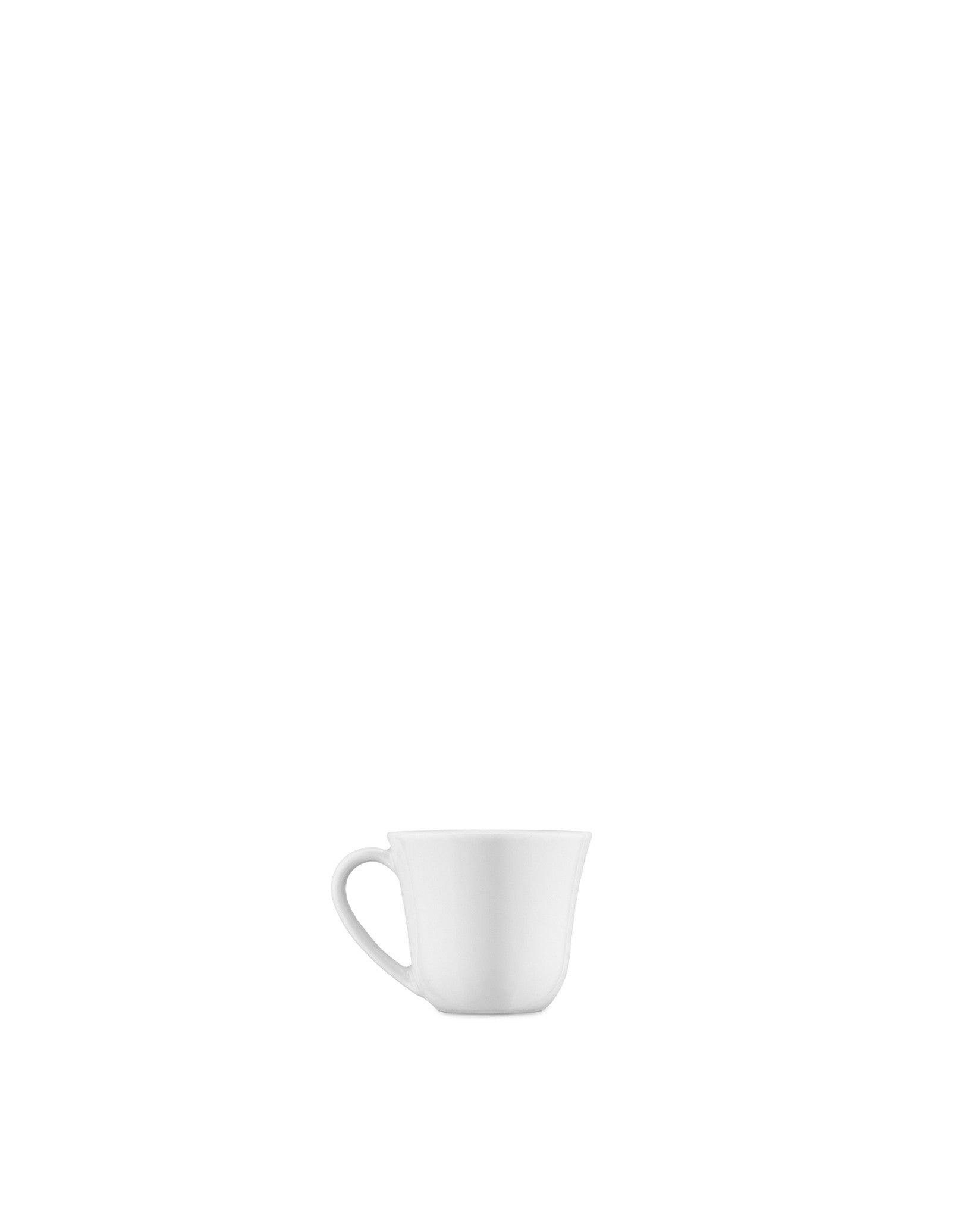 White cup by Alessi with a slightly flared rim and a curved handle.
