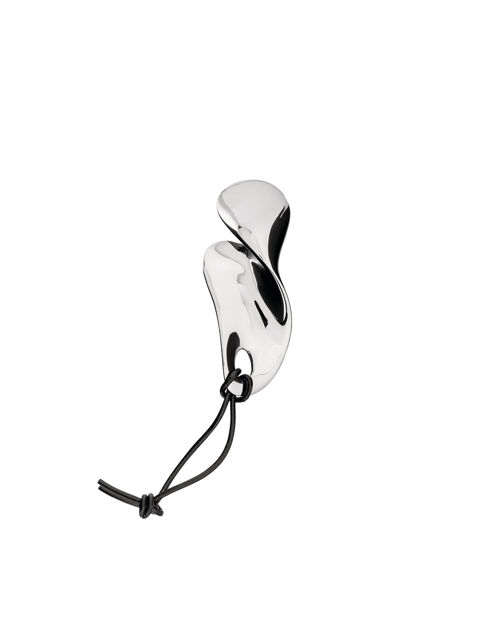 Silver polished bottle opener by Alessi, with a fluid, sculptural shape and a black leather cord.