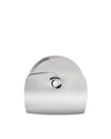 A polished silver stainless steel pizza cutter by Alessi, with a circular blade and black handle accents, on a white background.