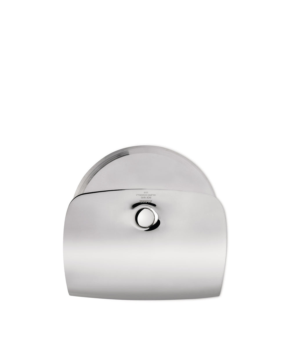 A polished silver stainless steel pizza cutter by Alessi, with a circular blade and black handle accents, on a white background.