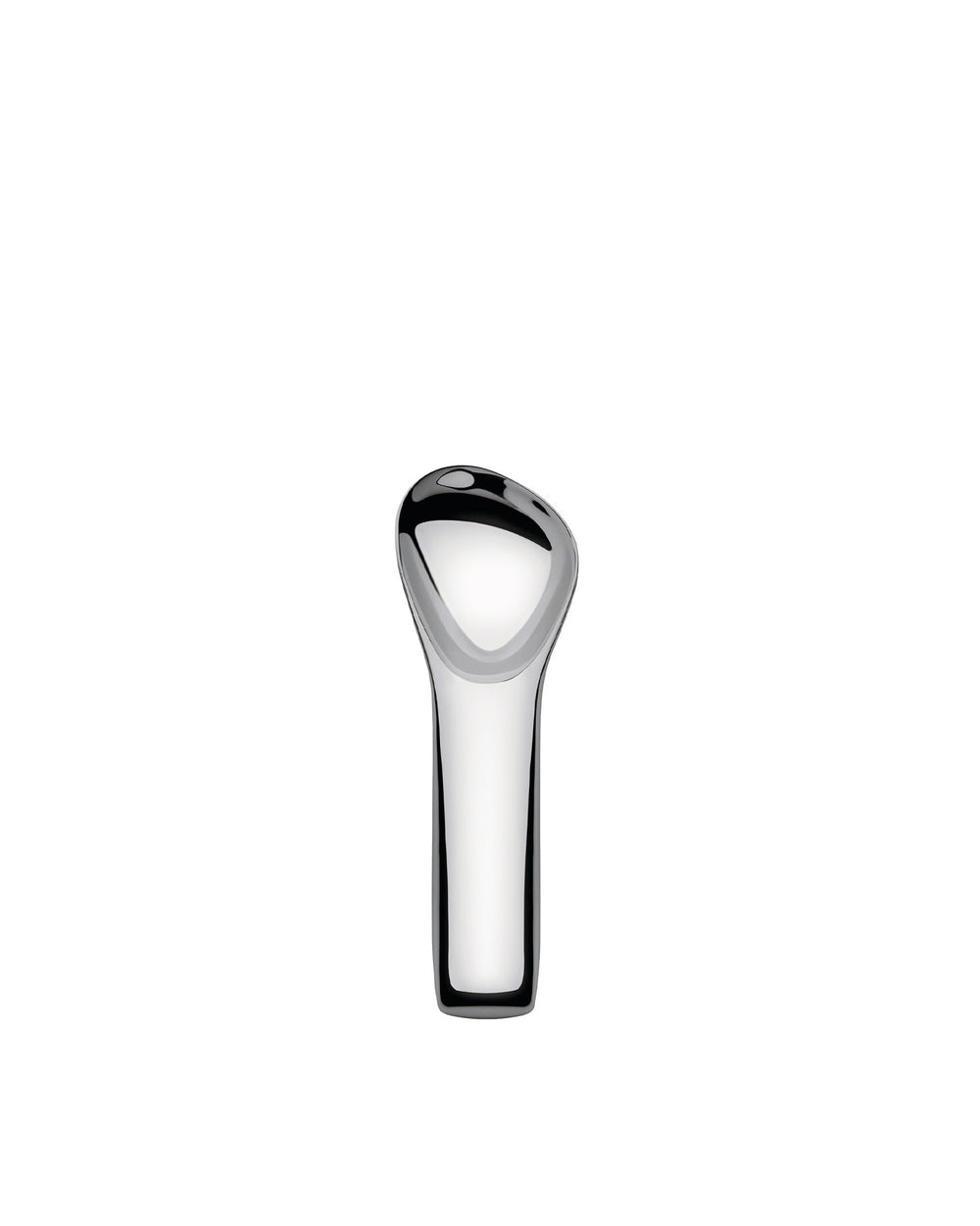 Polished silver-colored metal serving spoon by Alessi with an organic, asymmetric bowl shape, standing upright.
