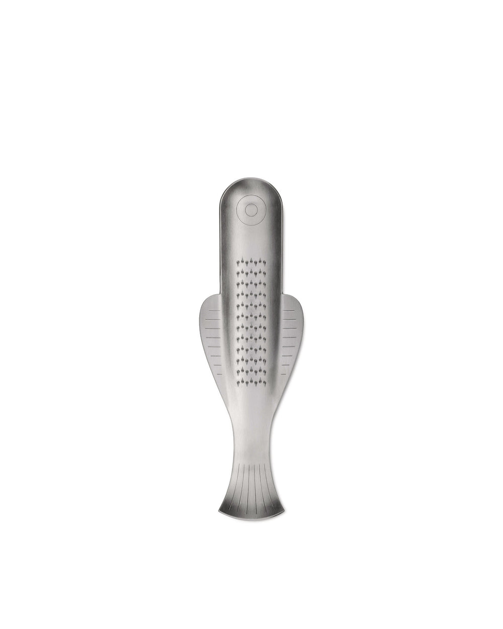 Silver stainless steel grater by Alessi, designed in a fish shape with sharp teeth and line details.