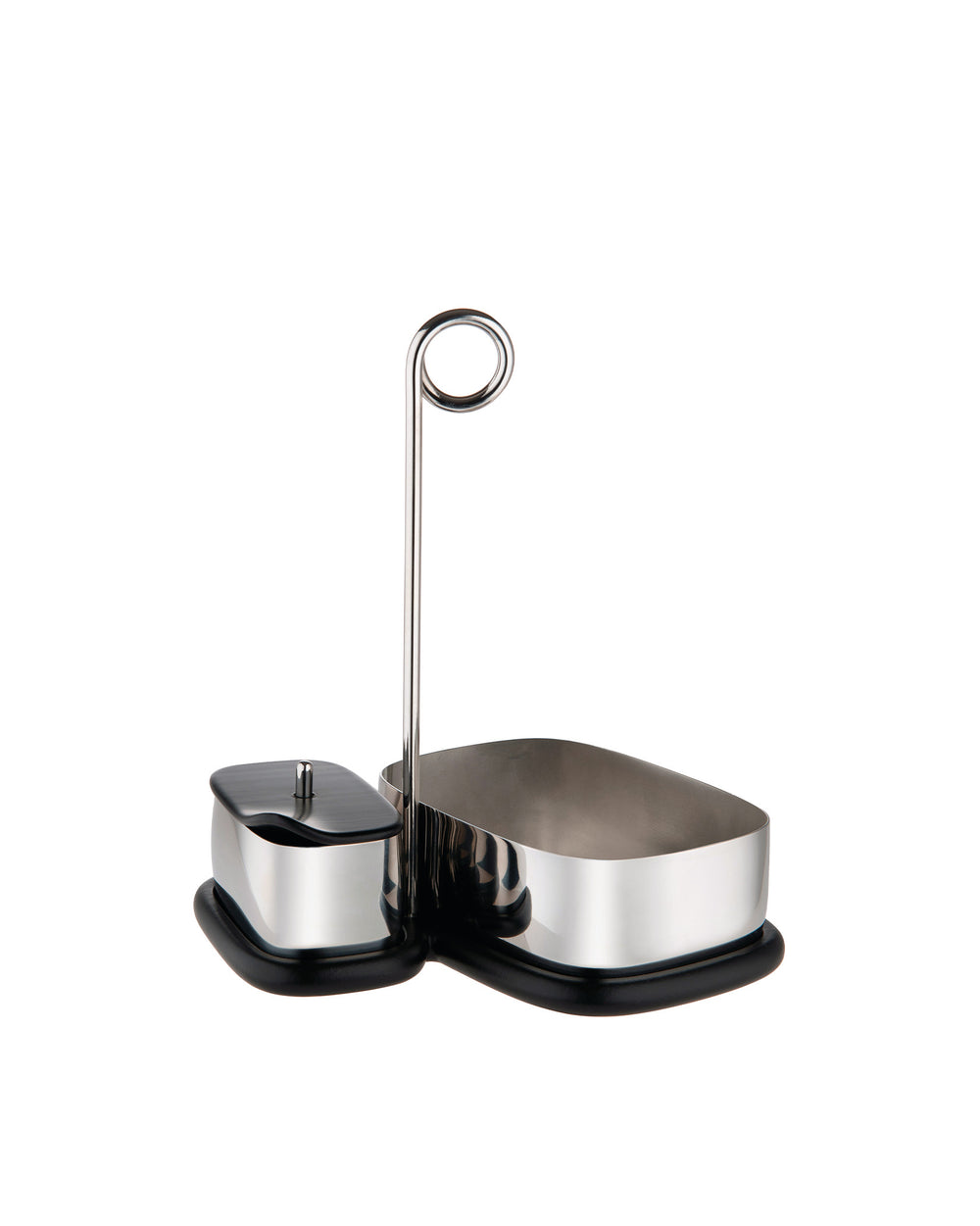 Sleek stainless steel and black condiment holder by Alessi with two containers, one lidded, and a tall loop handle.