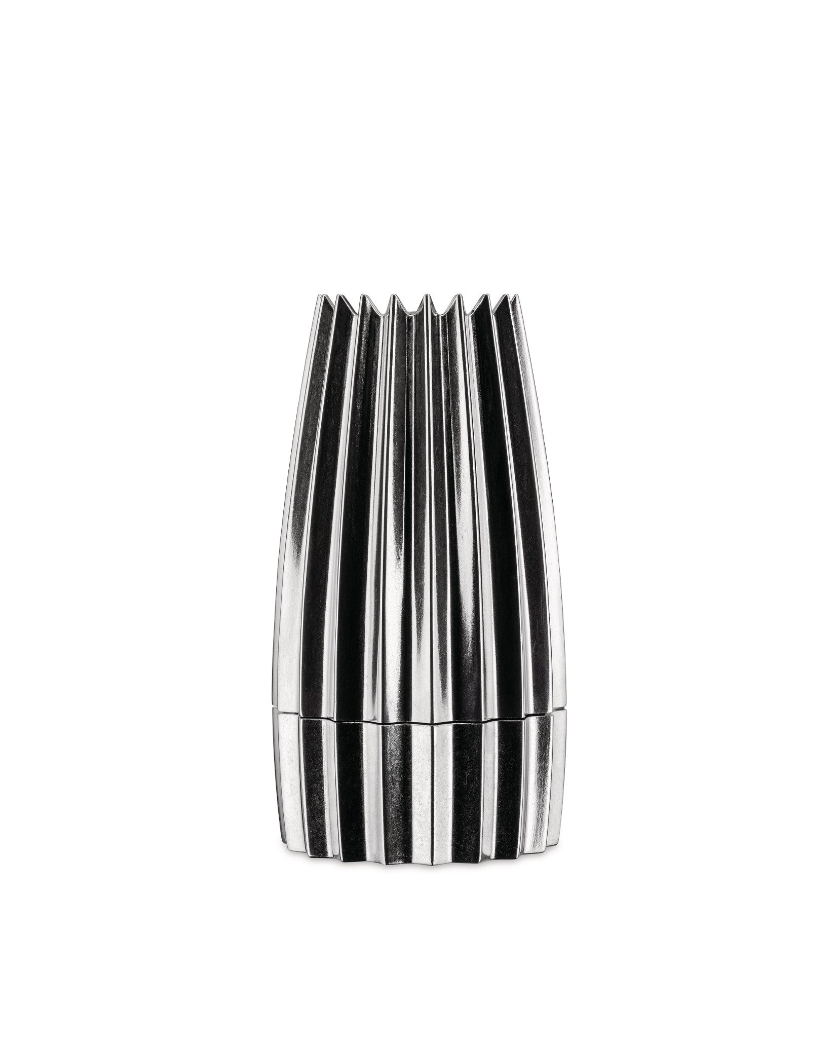 Silver metallic grinder by Alessi with a vertical fluted pattern and two-part design.