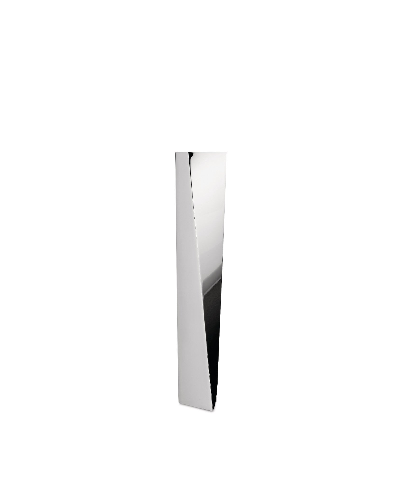 Silver metallic Crevasse vase by Alessi, featuring a tall, reflective, and sharply angular design.