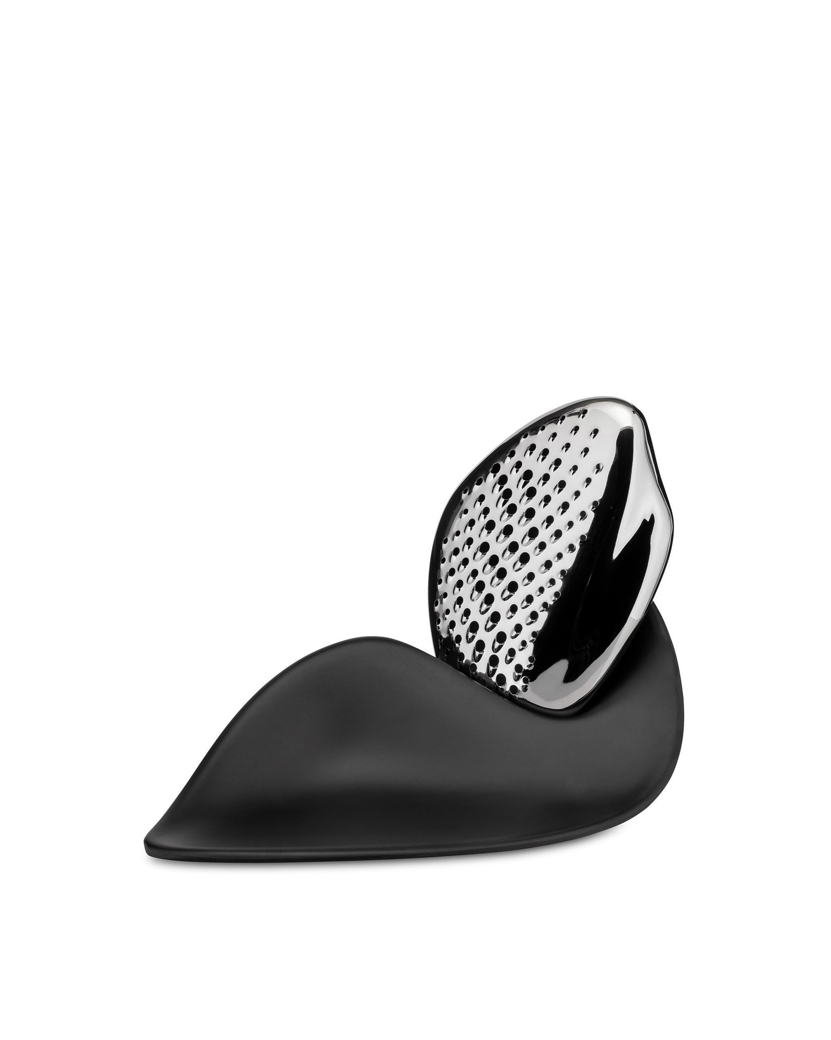 Black and silver tear-drop shaped grater by Alessi, with a perforated stainless steel blade.