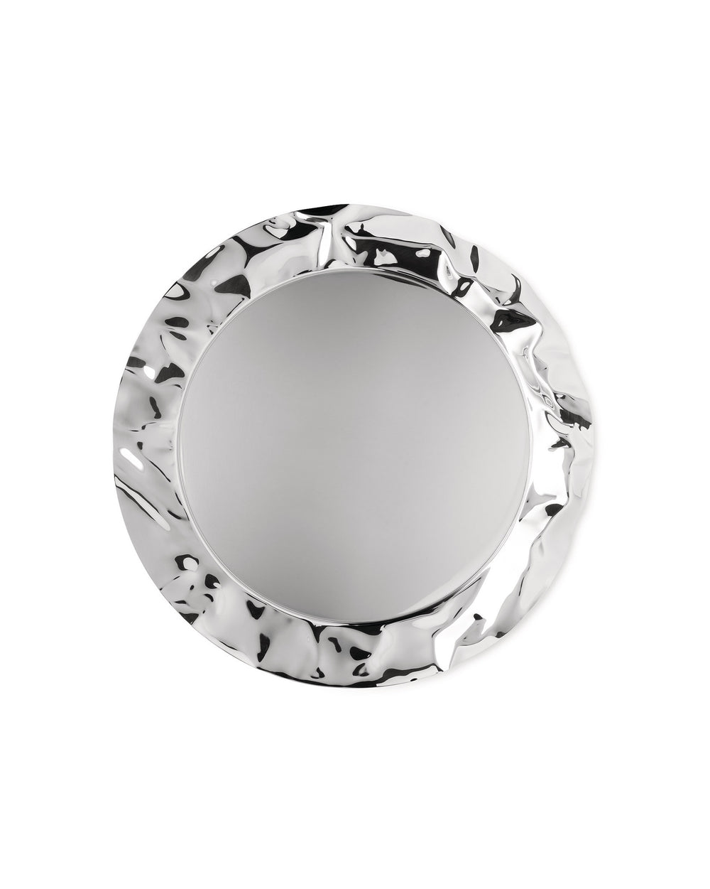 Round silver metal platter by Alessi with a hammered, wavy rim from a top view.