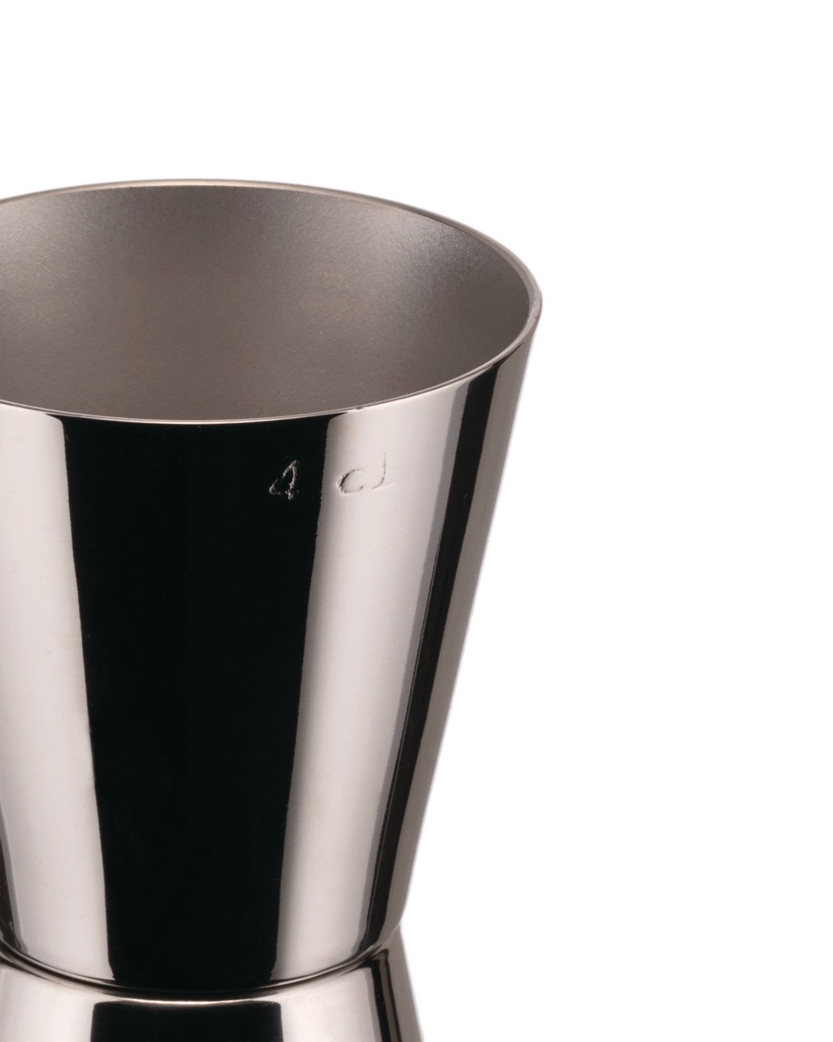 Silver stainless steel jigger by Alessi with '4 cL' etched on its side, in a close-up shot.
