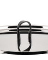 Shiny stainless steel pot lid by Alessi with a prominent black, looped handle.