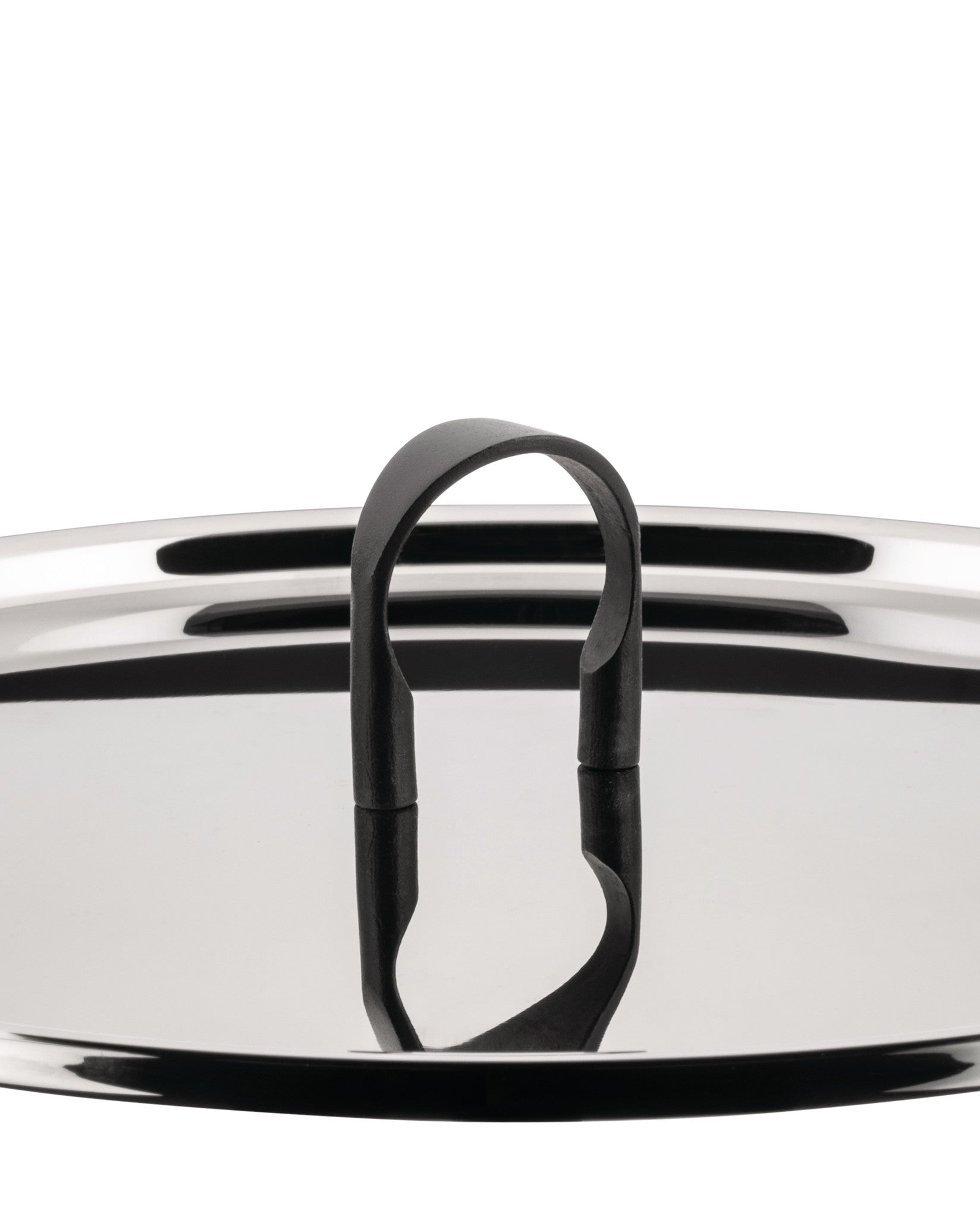 Shiny stainless steel pot lid by Alessi with a prominent black, looped handle.