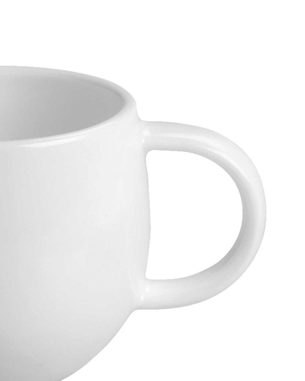 White mug by Alessi with a round shape and curved handle, cropped view.