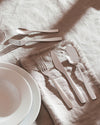 Silver polished cutlery set by Alessi, laid on a beige linen tablecloth with white plates and a glass, in bright sunlight.
