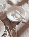 Silver-toned KnifeForkSpoon cutlery by Alessi, featuring a knife and forks on white plates and a fringed linen napkin with sun shadows.