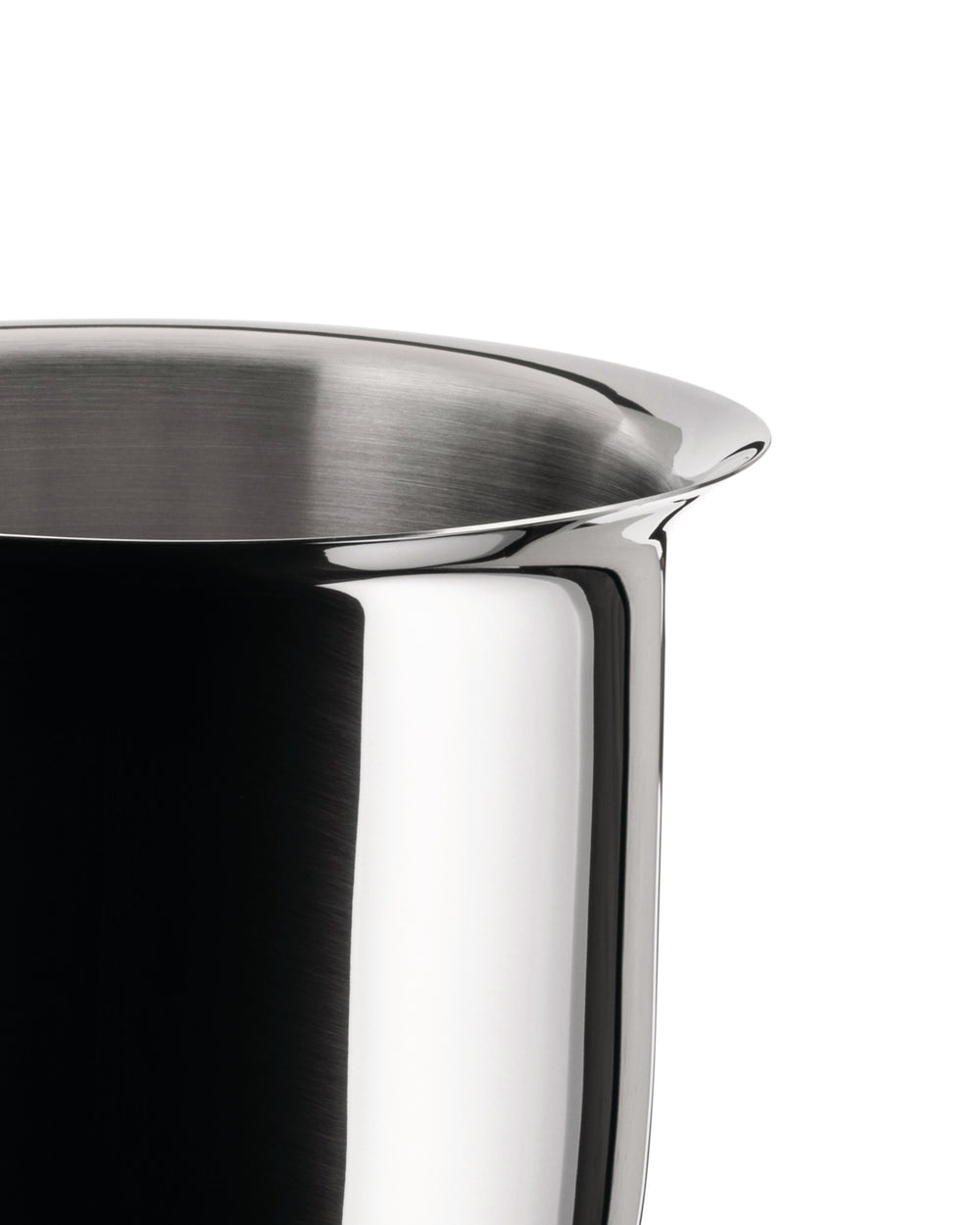 Stainless steel pot by Alessi with a polished exterior, brushed interior, and flared rim, shown cropped.