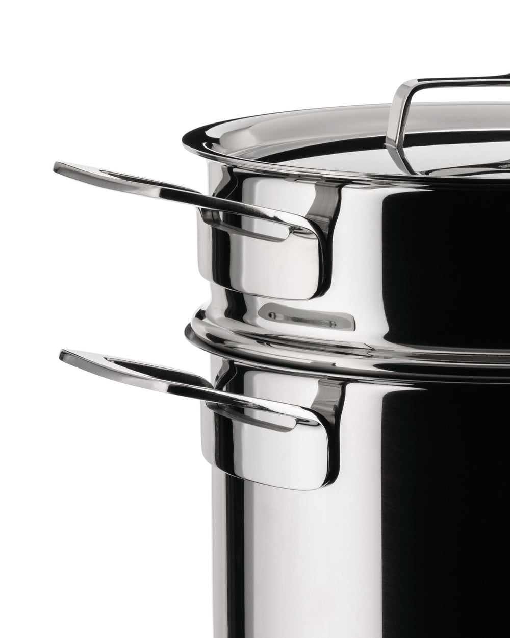 Stainless steel steamer pot by Alessi with two levels, polished finish, and ergonomic handles, close-up view.