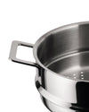Stainless steel steamer pot by Alessi, featuring a brushed interior, polished exterior, square handles, and a perforated base.