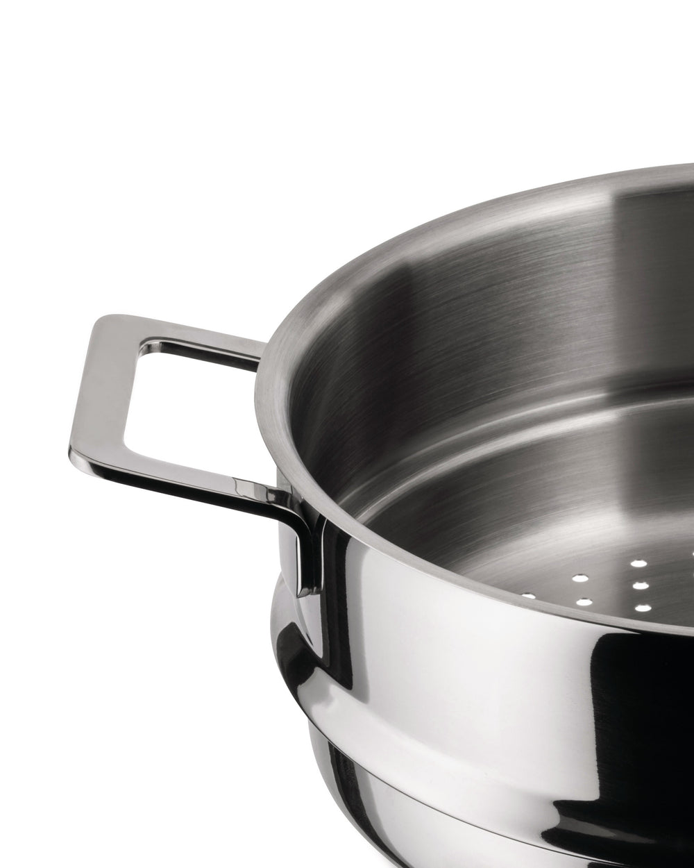 Stainless steel steamer pot by Alessi, featuring a brushed interior, polished exterior, square handles, and a perforated base.