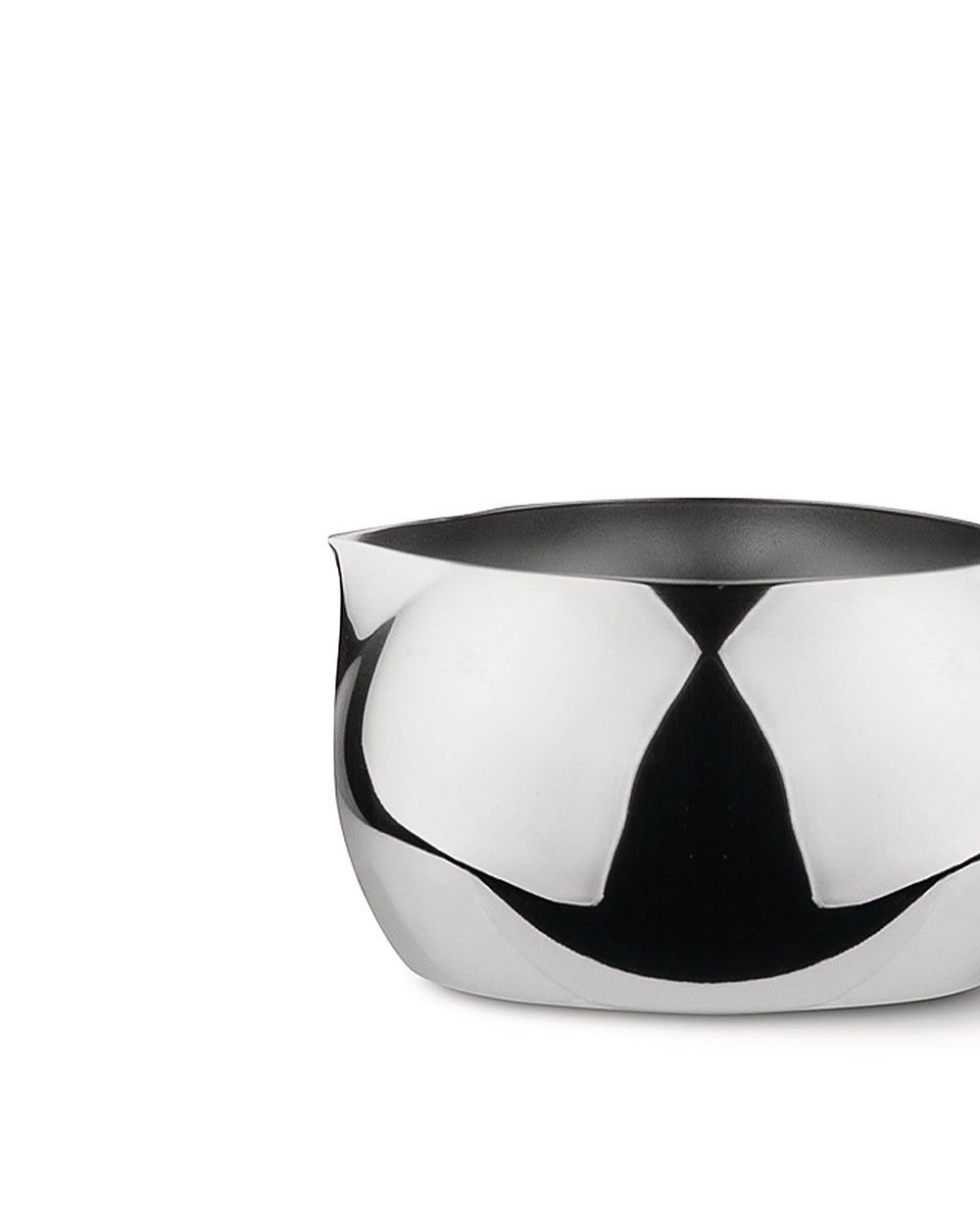 Cropped silver-toned metallic creamer by Alessi with a high-shine reflective finish and pouring lip.