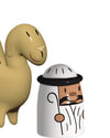 White and tan stylized Amir and camel figures by Alessi, with Amir holding a staff and the camel smiling.