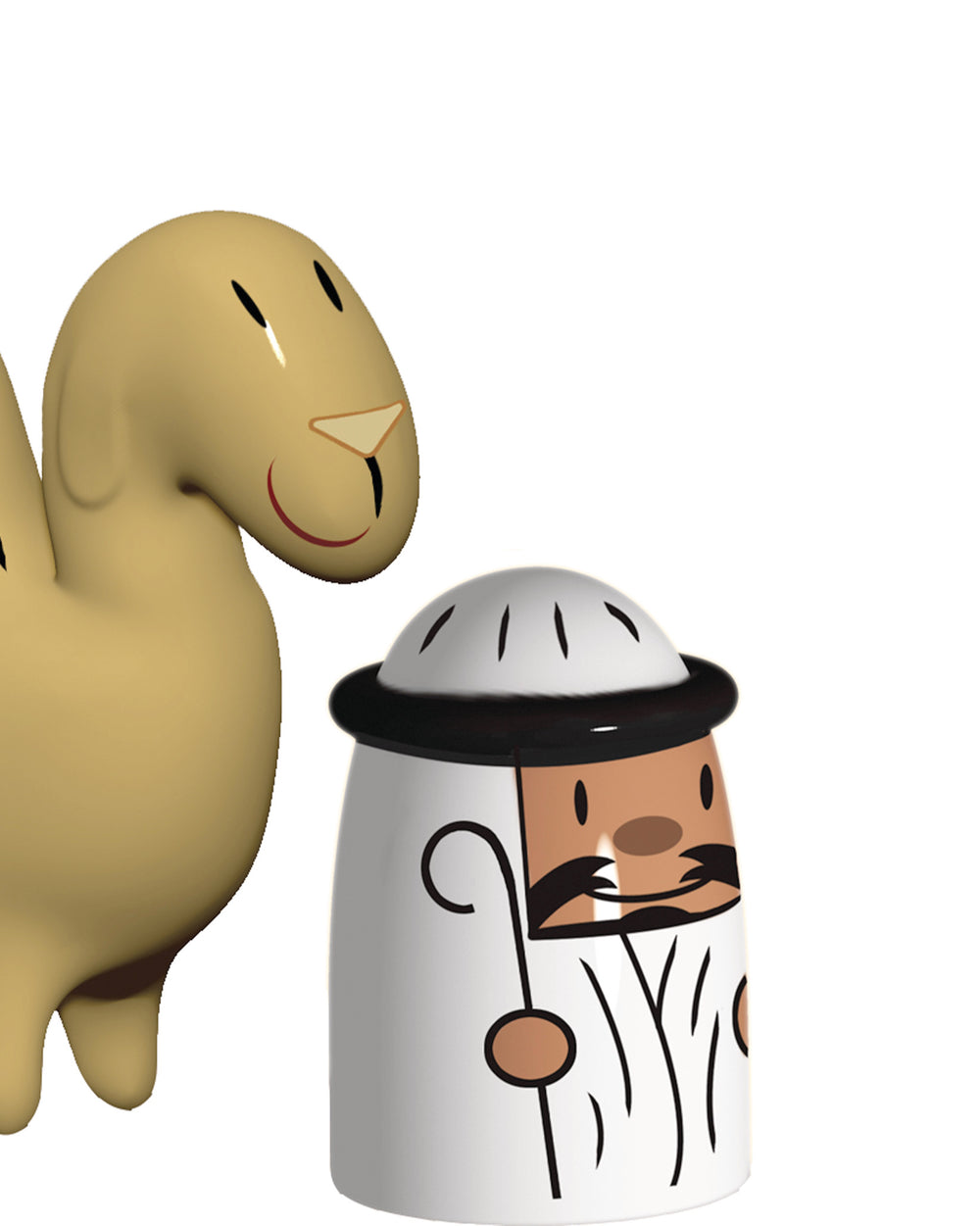 White and tan stylized Amir and camel figures by Alessi, with Amir holding a staff and the camel smiling.