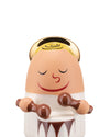 Light-toned angel figurine by Alessi with a golden spiral halo, closed eyes, smiling, playing a brown and white drum with mallets.