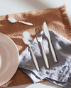 Shiny silver cutlery set by Alessi, resting on a light blue napkin and woven brown placemat next to a white plate.