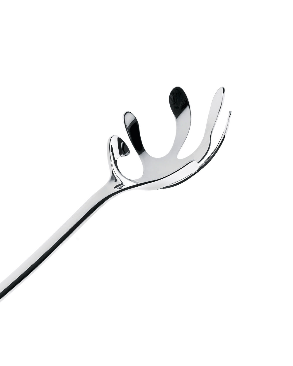 Silver metal serving cutlery by Alessi, featuring an organic, wavy design, angled on a white background.