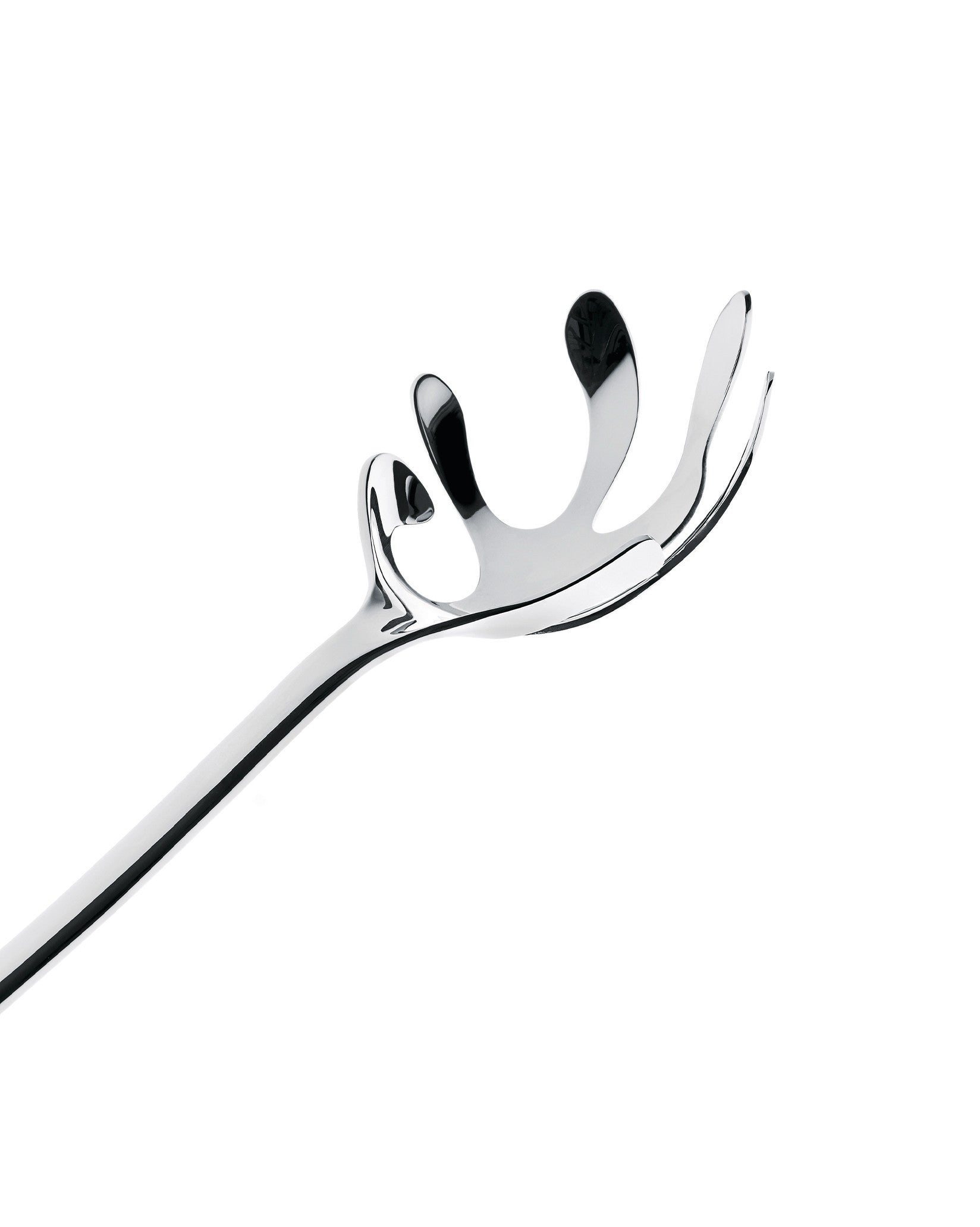 Silver metal serving cutlery by Alessi, featuring an organic, wavy design, angled on a white background.