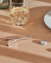 Silver metal bottle opener by Alessi, with a Y-shaped design, on a wooden table next to a bottle cap.