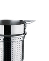 Silver-toned, perforated pot insert by Alessi with a decorative, scalloped handle, shown cropped.
